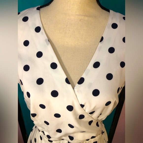 J.Crew White+Black Polka Dot Short Sleeve Faux Wrap Midi Dress - Picture 10 of 16